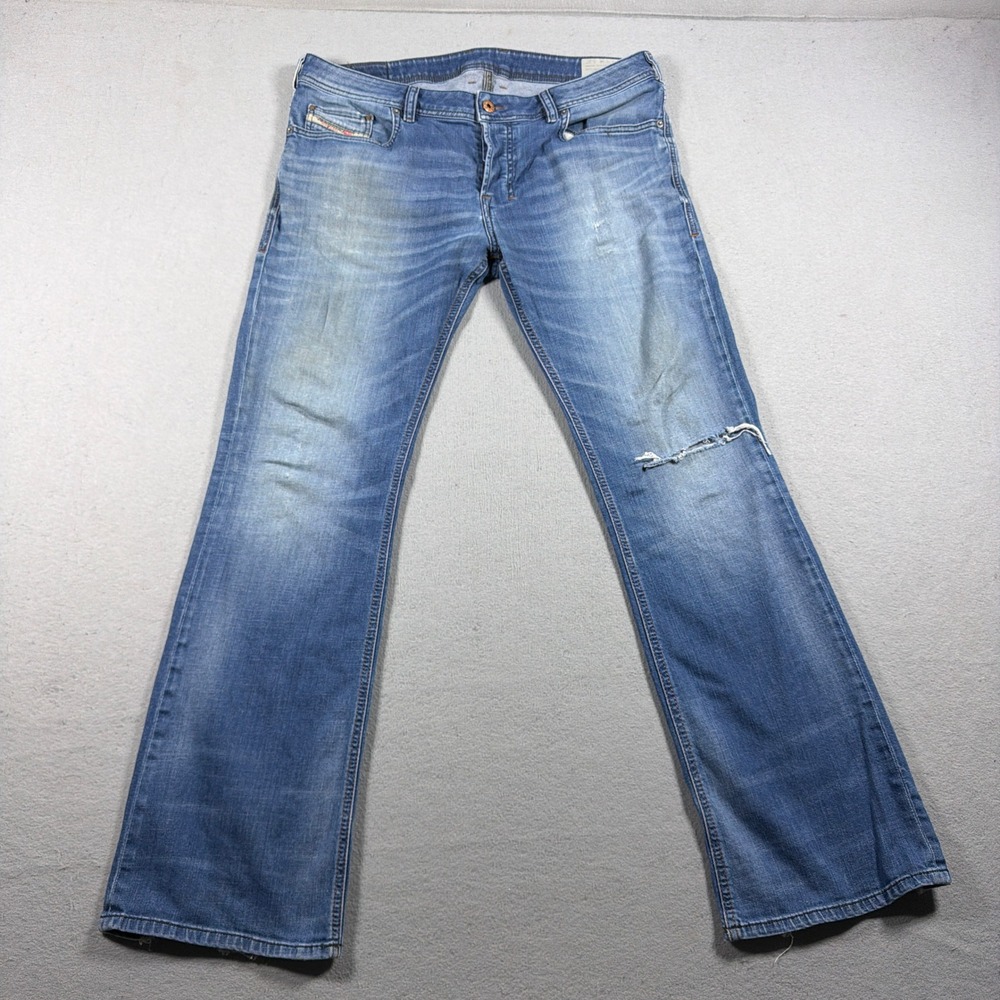 Diesel Zathan Jeans Men 34 Bootcut Blue Distressed Denim Faded Wash Vintage